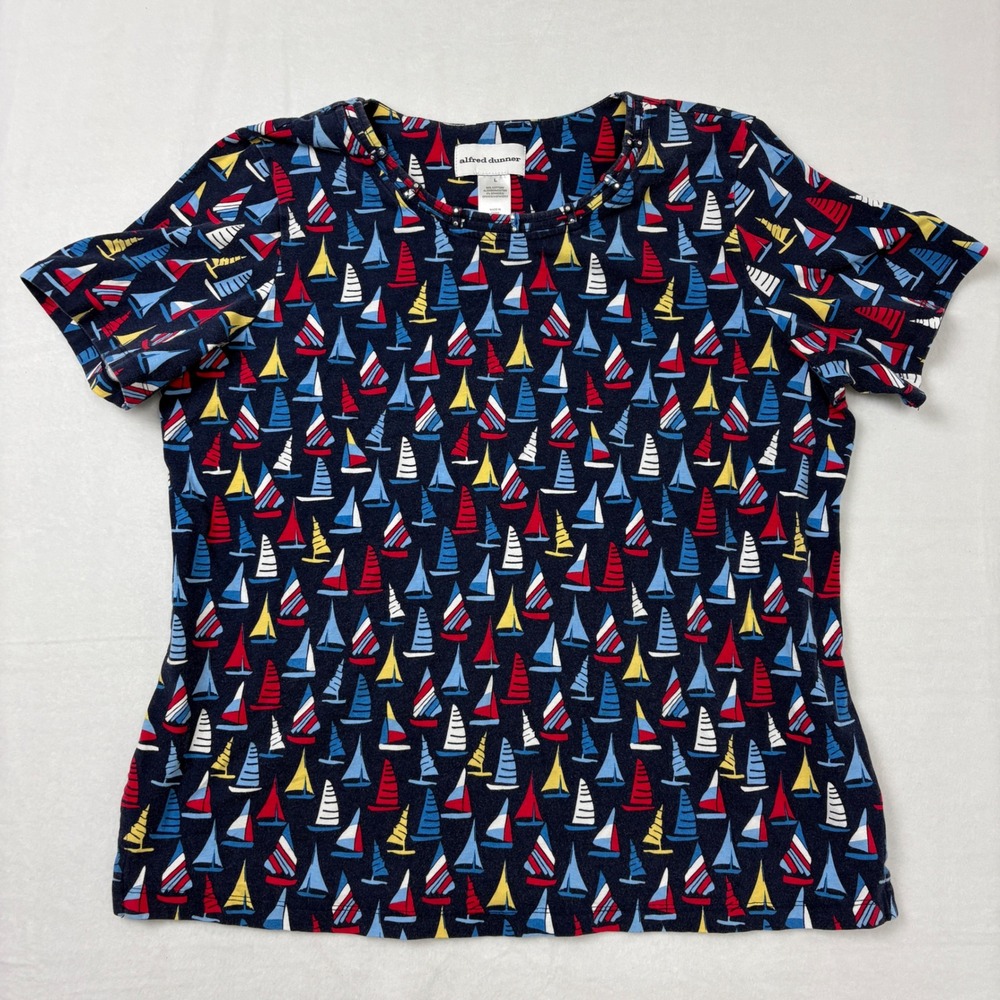 Alfred Dunner Sailboat Print Top Navy Blue Nautical Studded Crew Neck Large N2